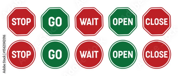 Obraz Go, Stop, wait, open and close signs set red and green octagon shapes vecto design illustration