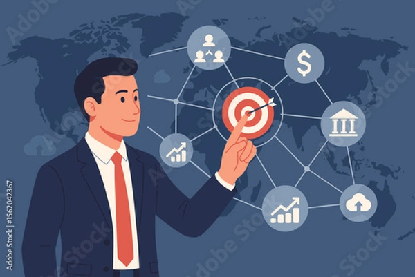 Fototapeta Businessman touching an interactive screen showing a global business strategy. Concept of targeting goals, digital marketing, finance, and HR networking for international growth.