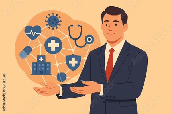 Fototapeta Businessman presenting medical healthcare system. Virtual network of icons for insurance, hospital care, and digital medicine. Health protection and pandemic response concept.