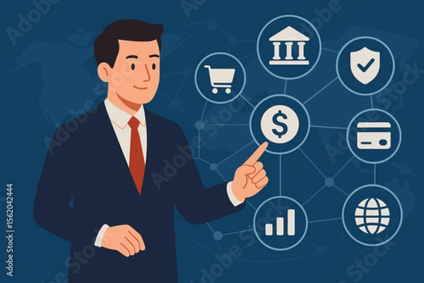 Fototapeta Businessman using fintech interface with icons for online banking, payments, and e-commerce. Global financial network, secure transactions, and customer data. Business innovation concept.