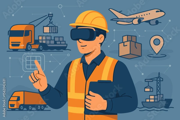Fototapeta Smart logistics and transportation industry concept. Engineer in VR glasses managing global supply chain with augmented reality. Future of freight, cargo delivery, and shipping. Vector.