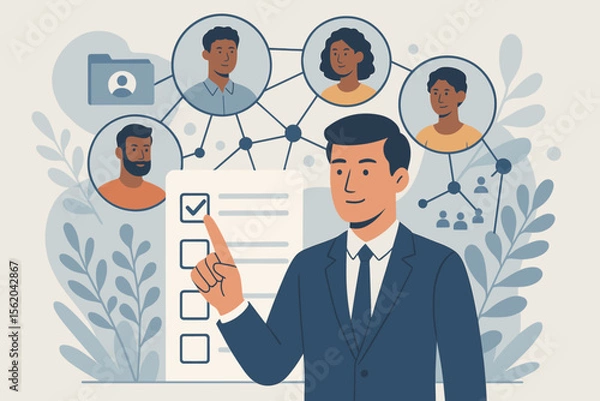 Fototapeta Human resources management, HR recruitment, employee selection, teamwork, leadership, teambuilding, business professional filling online assessment, staff evaluation, talent network, hiring process