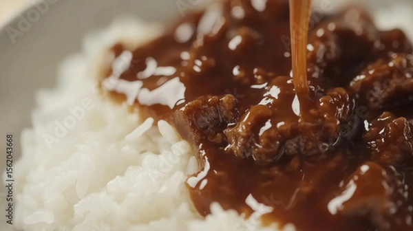 Fototapeta Close up of white rice topped with rich brown sauce, creating delicious and appetizing dish. sauce drips down, enhancing meal appeal