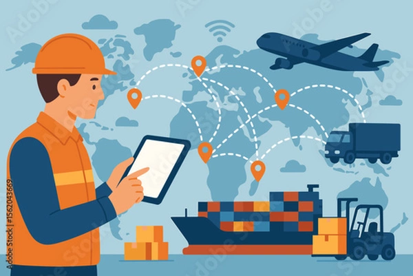Fototapeta Logistics worker using tablet for global supply chain management, smart transportation, cargo ship, truck, forklift, import export, online goods order tracking, distribution network, world map