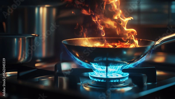 Fototapeta Vibrant cooking scene featuring frying pan with flames, showcasing excitement of culinary arts. gas stove emits bright blue flame, enhancing