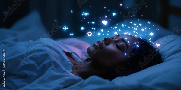 Obraz Black woman sleeping indoors at night, with digital symbols representing neural decoding of dreams emanating from her head. Concept of dream analysis and technology.