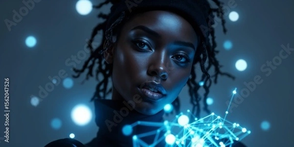 Obraz Conceptual of AI-generated virtual influencer black woman with digital network visual, conveying futuristic technology and innovation, copy space area.