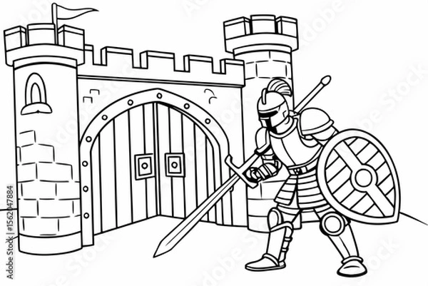 Fototapeta coloring book page, a brave knight in full armor with a sword and shield, standing guard in front of a castle gate, fantasy style, bold black and white line art, no color, white background