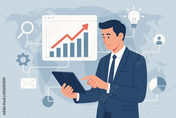 Fototapeta Business intelligence and digital marketing concept. Businessman analyzing sales data and financial growth graph on tablet. Global strategy with modern interface, icons, solution.
