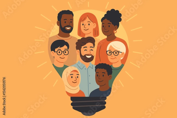 Fototapeta Diverse group of people forming a light bulb shape. Concept of teamwork, collaboration, creativity, innovation, and brainstorming. Multicultural team with a collective idea. Diversity.