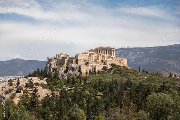 Obraz View of the Acropolis through branches of bush, Athens