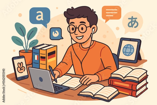 Fototapeta Multilingual Student Studying Foreign Languages with Books, Laptop, Digital Devices, Online Learning, Language Exchange, Education Concept, Modern Study Environment, Vector Cartoon Illustration