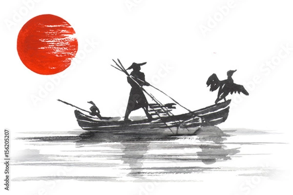 Obraz Japan Traditional japanese painting Sumi-e art Japan Traditional japanese painting Sumi-e art Man with boat