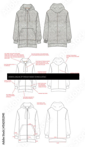 Fototapeta WOMENS LONGLINE ZIP THROUGH hoodie technical details