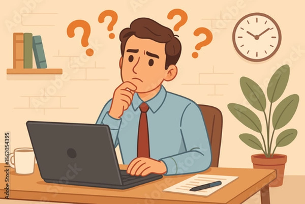 Fototapeta Confused Office Worker Thinking at Desk with Laptop, Question Marks, and Paperwork. Businessman Problem Solving, Decision Making, Workplace Stress. Modern Office Interior, Coffee, Plant, Clock