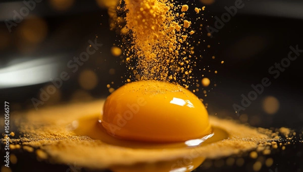 Fototapeta Vibrant close up of egg yolk surrounded by cloud of yellow powder, creating striking visual contrast against dark background