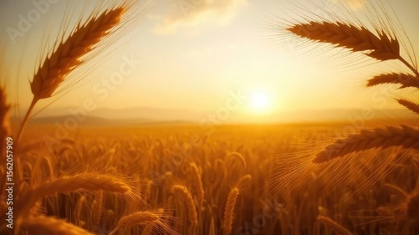 Obraz Golden sunset over a field of grain, the warm light of the sun shining through the stalks of wheat