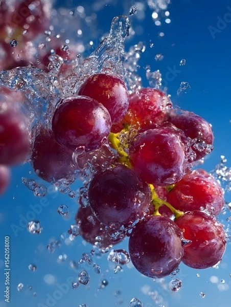 Obraz Red Grapes Splashing in Water Against a Blue Background