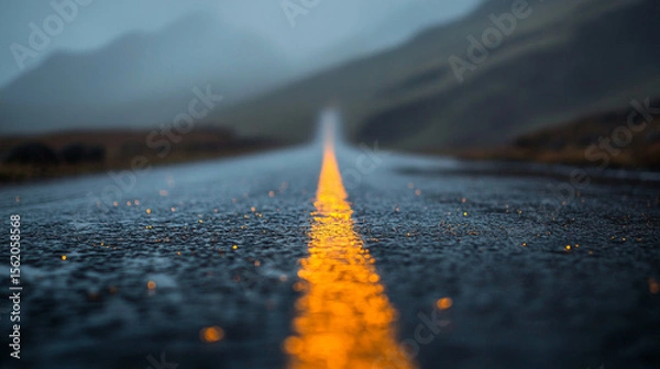 Obraz Rain-slicked road reflects mountain