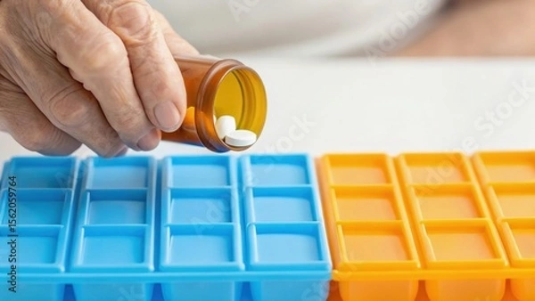 Fototapeta A person pours pills from a bottle into a colorful pill organizer, emphasizing medication management and health routine.