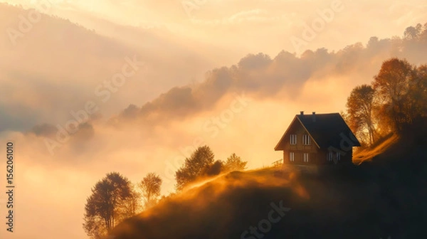 Fototapeta Solitary House on a Hilltop Overlooking Misty Mountains at Sunrise, Soft Light and Serene Atmosphere.