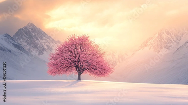 Fototapeta Solitary Pink Tree on a Snow-Covered Plain with Majestic Mountain Backdrop at Golden Sunset.