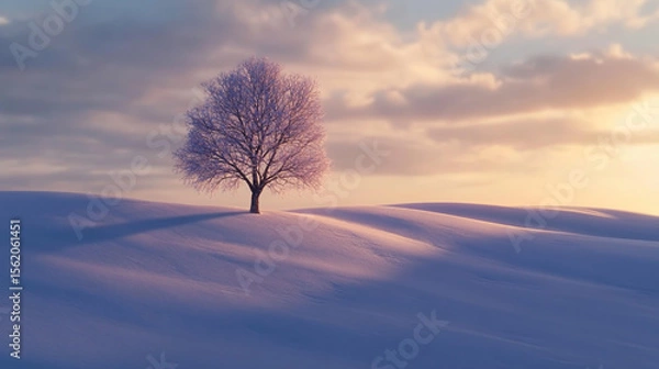 Fototapeta Solitary Tree on a Snow-Covered Plain at Sunset, Bathed in Soft Evening Light and Long Shadows.