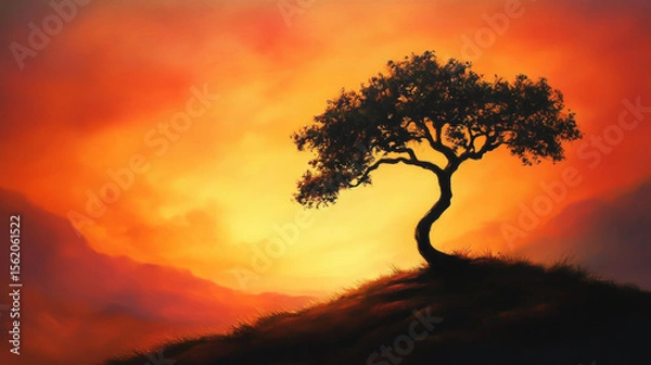 Fototapeta Solitary Tree Standing on a Cloud-Covered Mountaintop During a Stunning Sunset, with Dramatic Sky and Warm Lighting.