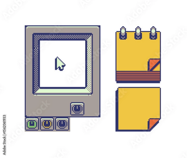 Fototapeta Game boy interface, pixel art design, notebook sheet, retro 80s console gaming app, video game, flat style, old school computer graphic design, 8-bit sprite, game assets, vector illustration.