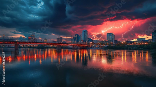 Fototapeta Stunning cityscape showcasing the dynamic contrast between vibrant urban life and the powerful energy of lightning, as the skyline is illuminated by dramatic bolts of nature’s raw force for imagery.