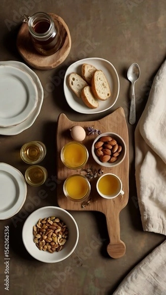 Fototapeta Rustic Organic Breakfast with Cozy Countryside Vibes – Top View