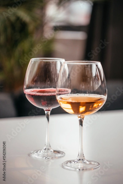 Obraz Two elegant wine glasses filled with red and amber wine stand on a white surface, reflecting soft indoor light in a cozy setting