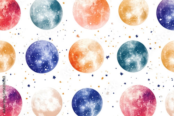 Fototapeta Vibrant and textured celestial moons in various colors with sparkling stars on a clean white background, ideal for mystical, dreamy, or cosmic-themed artwork and designs.