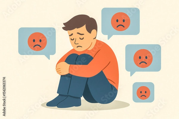 Fototapeta Illustration of a distressed man sitting alone, overwhelmed by negative speech bubbles, symbolizing the emotional impact of cancel culture.