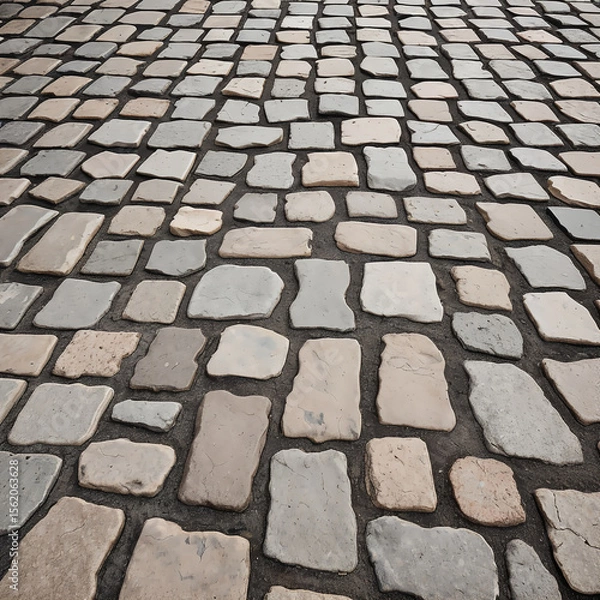 Fototapeta Beige and gray stone pavement with rustic rectangular cobblestones