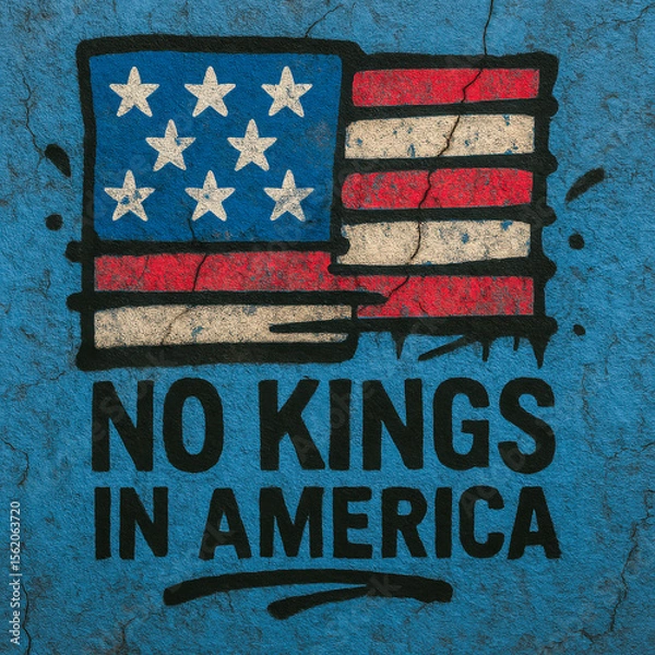 Fototapeta Grungy wall art featuring a stylized distressed American flag and bold text reading “No Kings in America,” expressing anti-monarchy sentiment.