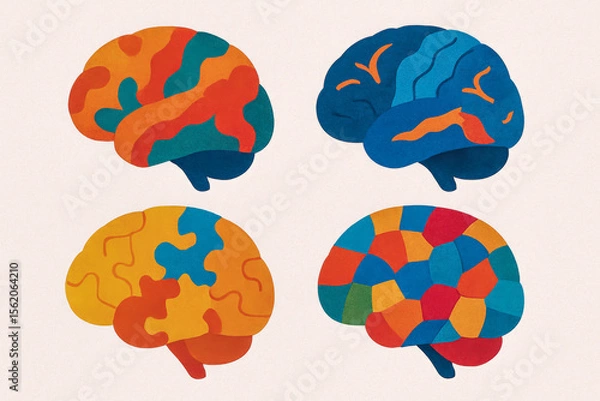 Fototapeta Abstract illustration of four uniquely patterned human brains in vibrant colors, symbolizing neurodiversity, cognitive variation, and mental health awareness.