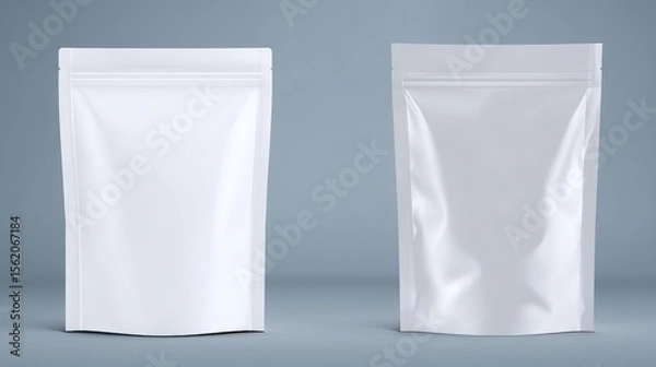 Fototapeta Two blank, white packaging pouches displayed against a soft blue background, ideal for product mockups