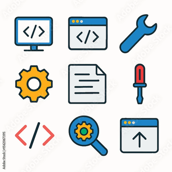 Fototapeta Development icons depicting coding and settings tools for software application concepts