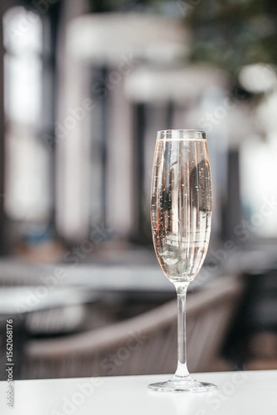Obraz A tall glass of sparkling champagne stands on a sleek white table with a soft-focused modern interior in the background