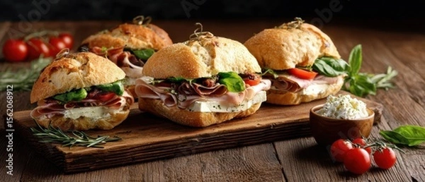 Fototapeta The delicious gourmet sandwiches arranged on a rustic wooden board.