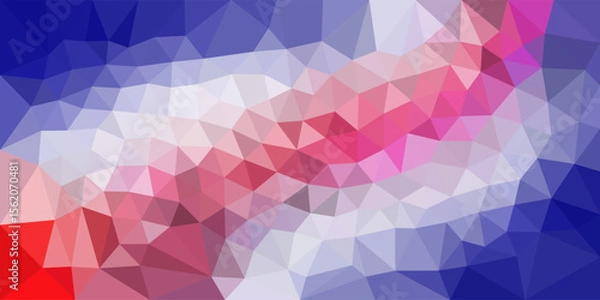 Fototapeta Abstract geometric background with red, pink, white, and blue triangular patterns blending smoothly in a low-poly style.

