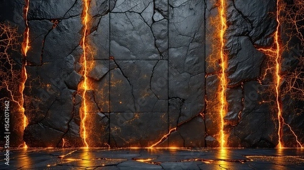 Fototapeta Dramatic presentation of textured charcoal gray wall and floor illuminated by brilliant fissures of orange light