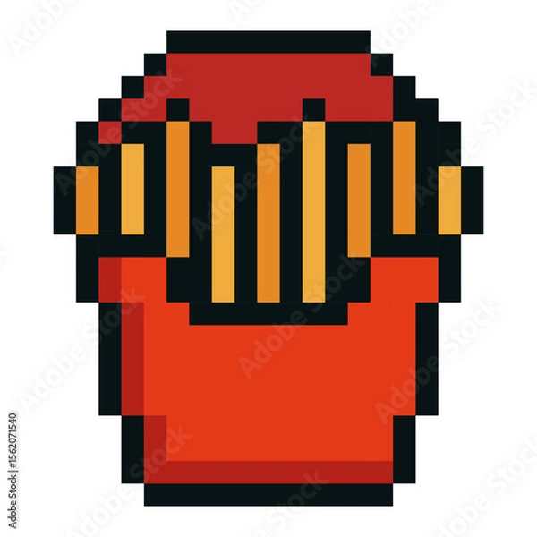 Fototapeta French fries in red paper container illustrated in retro 8 bit pixel art style isolated on white background. Fun and nostalgic fast food emoji perfect for gaming interfaces, mobile apps, restaurant
