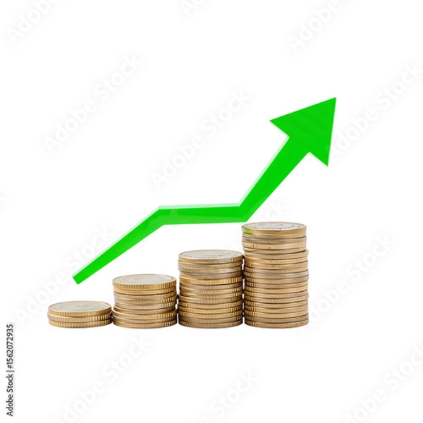 Fototapeta Rising prosperity is shown by gold coin stacks and a green arrow pointing upwards on a transparent transparent background, indicating financial growth and investment success.