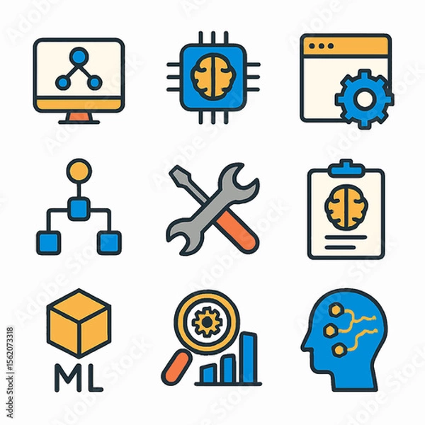 Fototapeta Machine learning vector icons showcasing artificial intelligence and data analysis