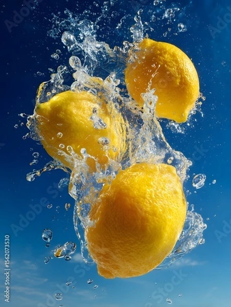 Obraz Three lemons splashing in water against a blue sky background