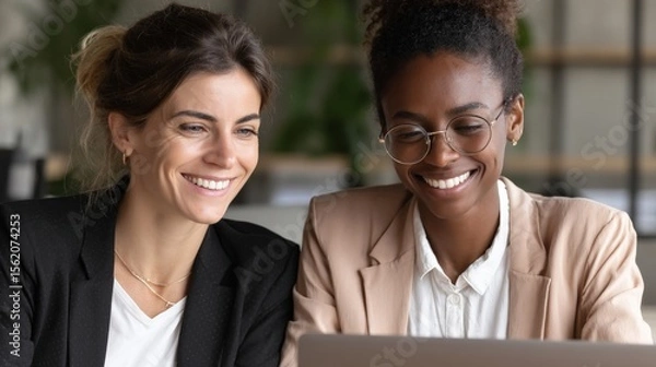 Fototapeta Two women collaborating on a laptop in a modern office, smiling and engaged in discussion