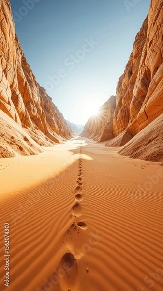 Obraz Footprints Lead Through the Sandy Valley Between Towering Rock Formations Under a Clear Sky With Distant Mountain Range and Bright Sun