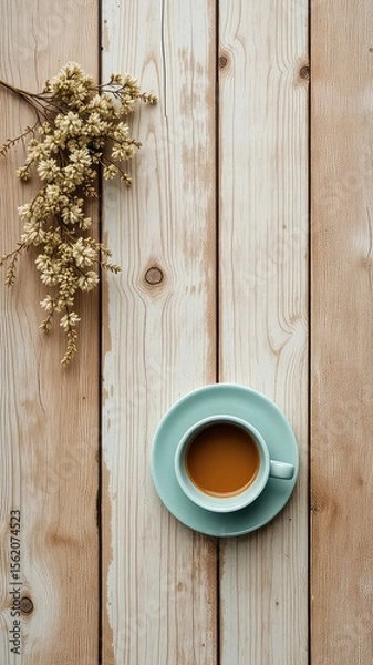 Obraz Coffee cup and delicate floral sprig on rustic wooden planks, perfect for a refreshing morning break or a calming afternoon moment
